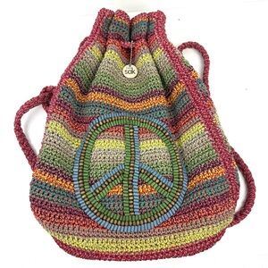 The Sak Multicolor Crochet Peace Sign Drawstring Backpack